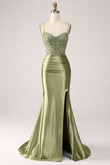 Mermaid Sage Spaghetti Straps Lace-up Back Ball Dress with Slit